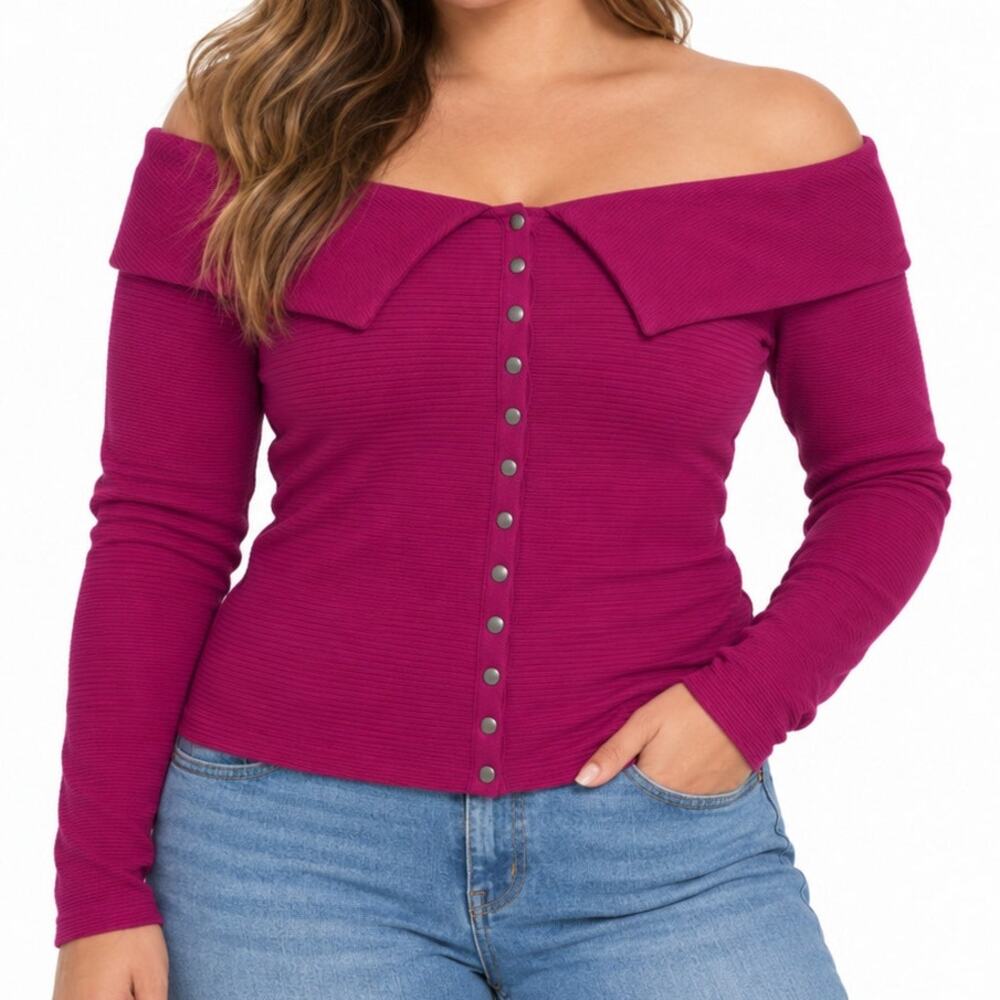 Anthropologie Maeve Off Shoulder Buttondown Top Womens XL Magenta Ribbed Snap